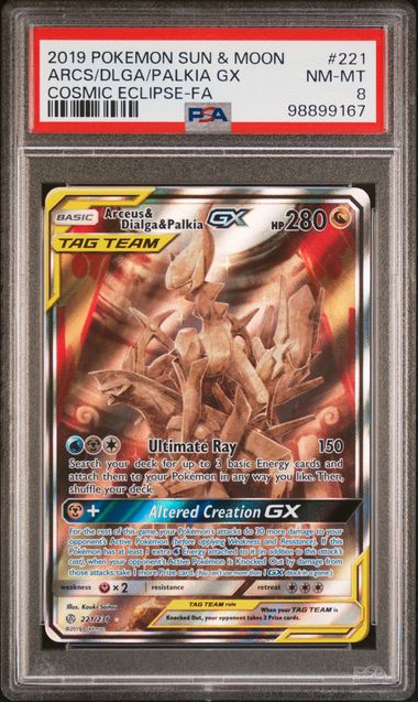 Arceus & Dialga & Palkia GX Tag Team Alternate Full Art 221/236 - Sun & Moon Cosmic Eclipse - PSA NM-MT 8