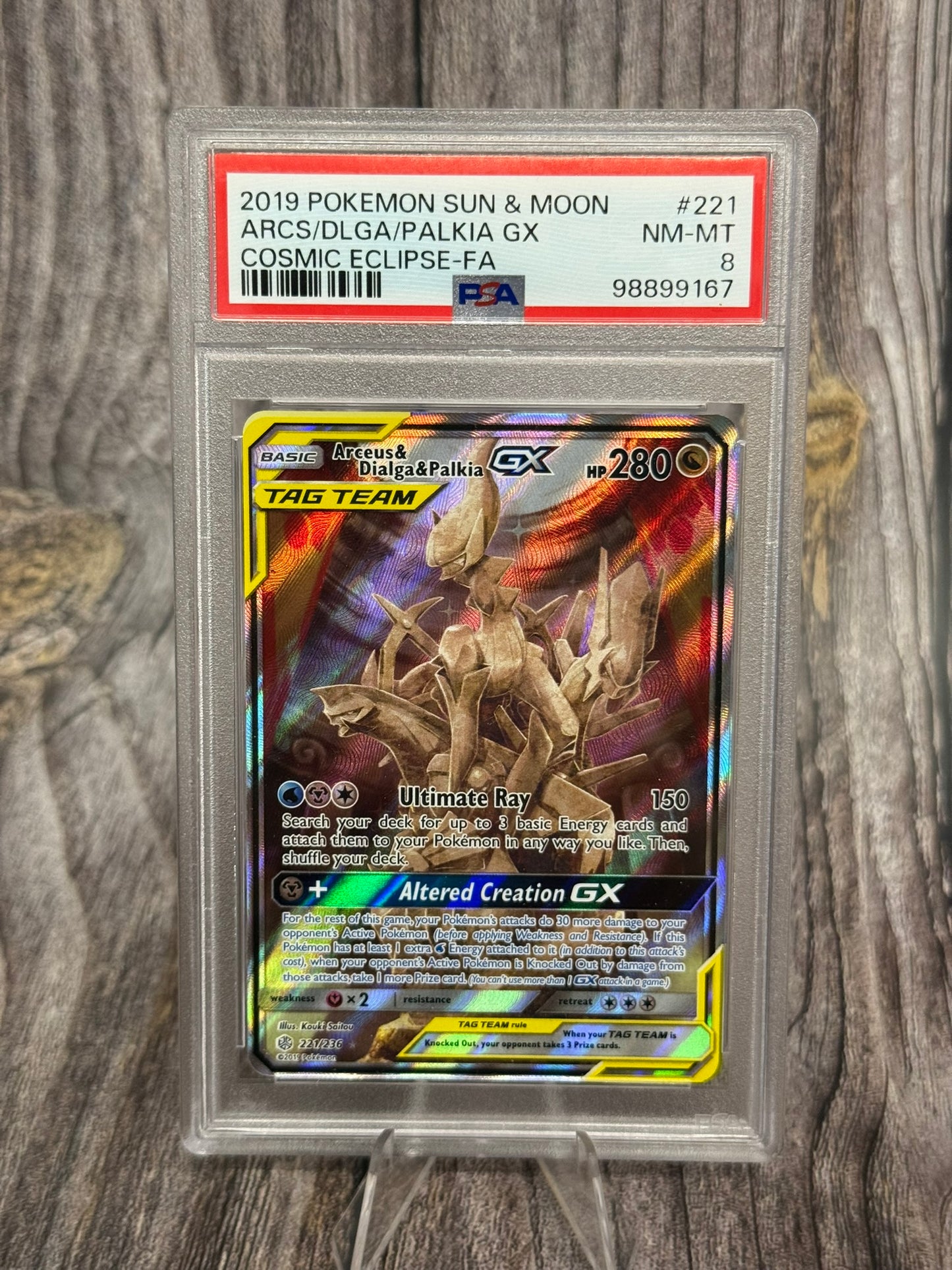 Arceus & Dialga & Palkia GX Tag Team Alternate Full Art 221/236 - Sun & Moon Cosmic Eclipse - PSA NM-MT 8